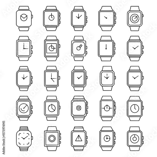 Set of smartwatch outline icons. Various wearable technology, digital watches, and modern smart device symbols.