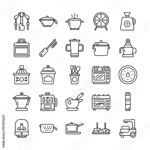 Collection of kitchen utensils and cooking appliance line icons. Modern kitchenware, cookware, and culinary tool illustrations.