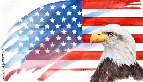 Symbolic representation of the United States featuring an eagle and the Firefly Flag in a vibrant watercolor style