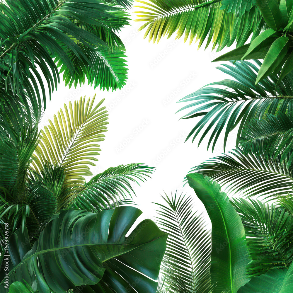 Fototapeta premium Lush Tropical Leaves Frame Black Background Exotic Foliage Greenery Nature Paradise isolated on a transparent background