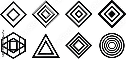 Vector art of a collection of geometric shapes including diamonds, triangles, hexagons, and circles.