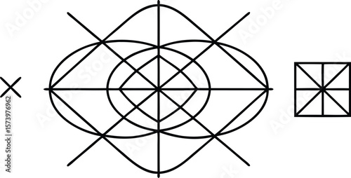 Vector art of abstract geometric shapes and intersecting lines create a complex visual pattern.