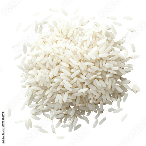 White rice grains scattered on black background food photography isolated on a transparent background