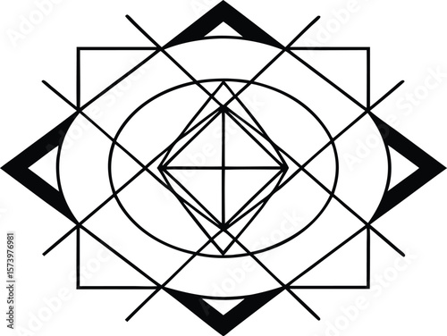 Vector art of an intricate geometric pattern with concentric shapes and radiating lines.