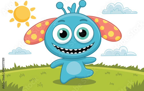 A cartoon blue monster with polka dot ears smiling in a grassy field under a bright sun and fluffy clouds