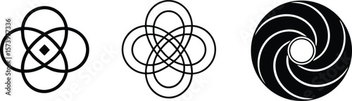 Vector art of three abstract geometric shapes and patterns on a white background.