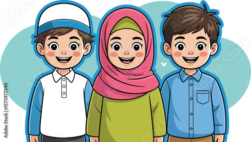 Cartoon illustration of three smiling muslim children standing together on a blue background circle shape