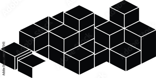Vector art of a geometric arrangement of black cubes with white outlines forms an abstract isometric pattern.
