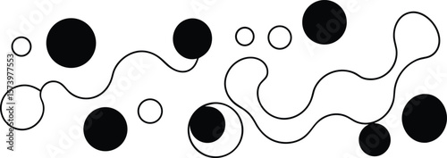 Vector art of a playful abstract pattern of black and white circles connected by a flowing, wavy line.
