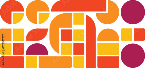Vector art of a vibrant abstract composition of geometric shapes in warm colors.