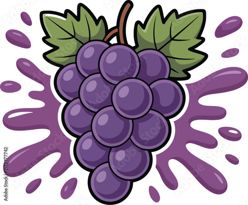 Illustration of a bunch of purple grapes with green leaves and a purple splash on a white background