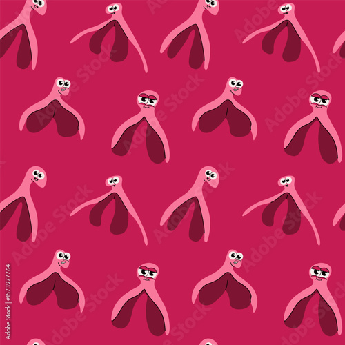 Seamless pattern with Cartoon Clitoris Anatomy with Face in Feminism Empowerment Style