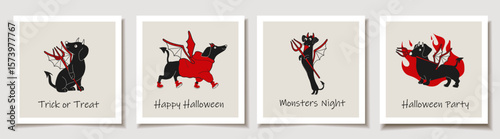 Set of Halloween cards with A playful and mischievous cartoon dachshund with devilish horns and a fiery attitude. Greeting cards.
