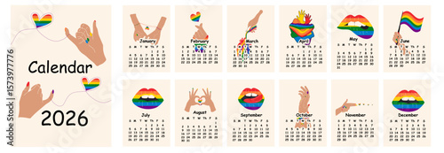 2026 calendar design with lgbt symbol. Hand drawn calendar planner annual organizer.	