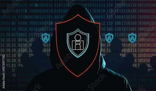 Cybersecurity and hacker protection: hooded figure with shield icon symbolizing digital defense in a data matrix.