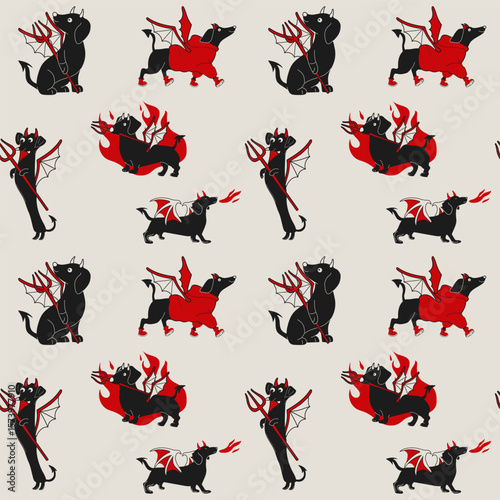 Seamless pattern with a playful and mischievous cartoon dachshund with devilish horns and a fiery attitude.	