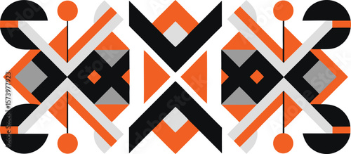Vector art of an abstract geometric pattern featuring bold orange, black, and gray shapes on a white background.