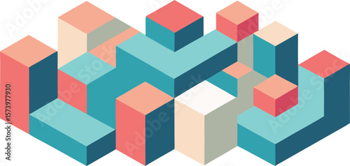 Vector art of an abstract isometric illustration of colorful geometric blocks forming a complex structure.