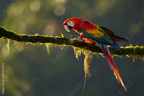 Scarlet Macaw perched on moss-covered branch, vibrant plumage, golden sunlight, rainforest bokeh background, wildlife photography.
