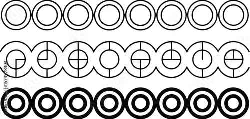 Vector art of a sequence of abstract geometric circle patterns in three distinct rows.