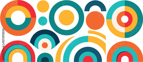 Vector art of a vibrant collection of colorful abstract geometric shapes and circles.