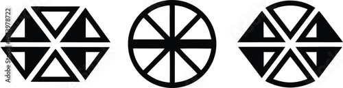 Vector art of three abstract geometric shapes, including a hexagonal pattern and a circular design, presented in black and white.