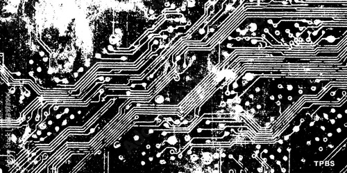 Abstract circuit board pattern with etching marks and solder residue overlay