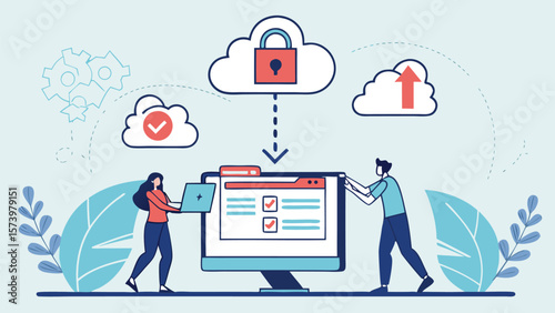Cloud Computing Technology and File Backup Service – Administrator and Developer Team Logging into Cloud Server via Computer Monitor (AI Generated)