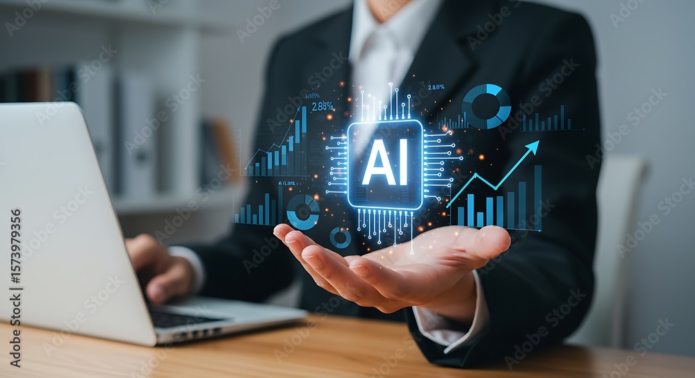 Naklejka premium Futuristic businessman presenting artificial intelligence, data analysis, and business intelligence using digital technology.