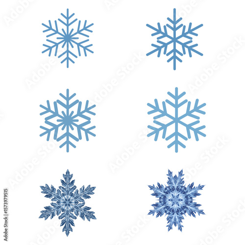 Blue Snowflake Vector Set with Six Unique Winter Designs on Transparent Background