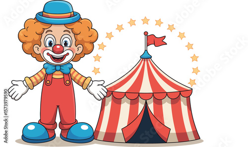 Cartoon clown with red nose and blue hat standing beside a red and white striped circus tent image