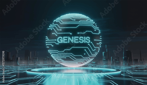 "Genesis" cybernetic globe: A futuristic concept representing new beginnings and digital innovation.