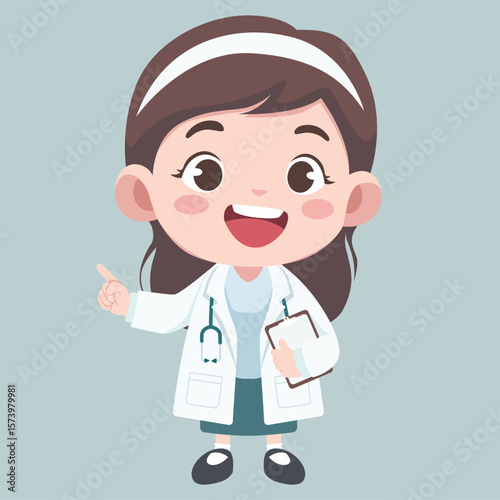 Doctor activities. Vector illustration of cute chibi character female doctor explain something