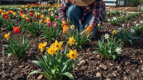 Gardener tending vibrant spring flowers, wearing gloves and a straw hat, in a sunny garden.
