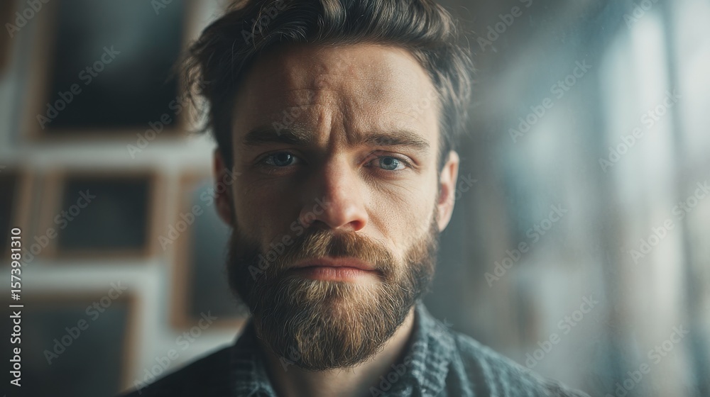 Man with a beard and intense expression indoors Man with a beard and intense expression indoors
