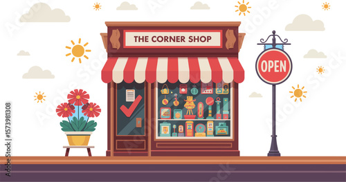 Illustrated corner shop with open sign, flowers, and striped awning against a blue sky background