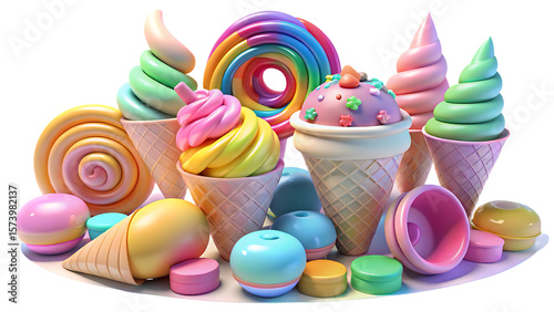 Pastel Rainbow 3D PNG Ice Cream Cones and Candy Sweets Illustration