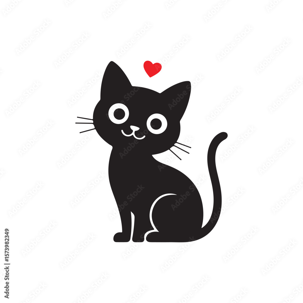Fototapeta premium Cute Black Cat Sitting Red Heart Above kitten feline cat day vibes