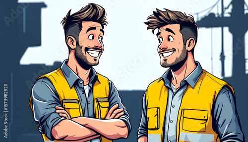 Two Smiling Construction Workers Wearing Yellow Vests Chatting at Construction Site