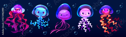 Cute cartoon jellyfish medusa characters - colorful underwater creatures with kawaii faces floating among bubbles. Vibrant sea animals in gradient colors for ocean children book or aquarium content.