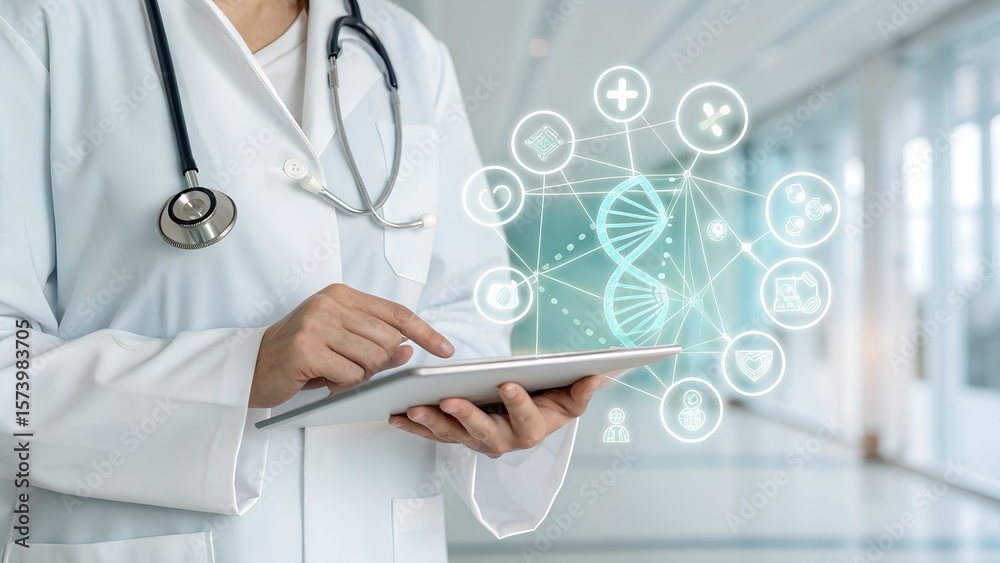 Doctor using tablet for dna research and medical technology innovation concept Doctor using tablet for dna research and medical technology innovation concept
