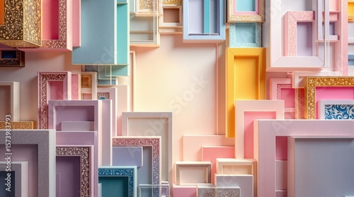 Pastel hued square picture frames fill the frame in a stacked, geometric art piece