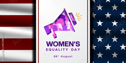 26th August is Womens Equality Day. Loudspeaker, womens and american flag. Great for posters, banners and social media. Blue background.