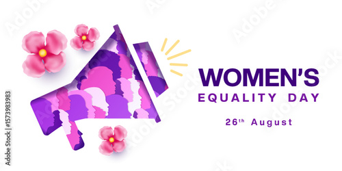 26th August is Womens Equality Day. Loudspeaker, womens and flower. Great for posters, banners and social media. White background.