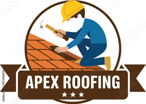 Illustration of a roofer with a hammer on a roof inside a circle with a banner for apex roofing