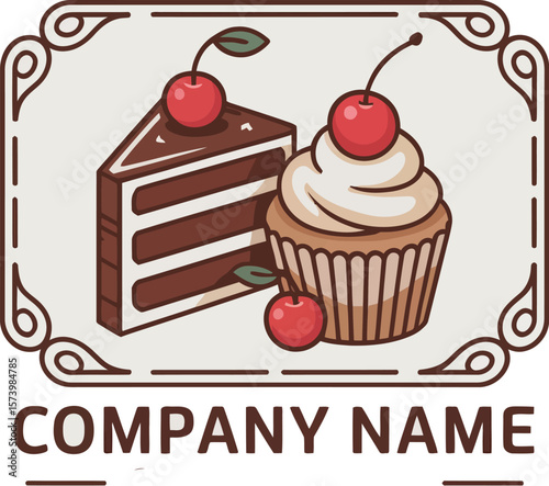 Illustration of a cake slice and cupcake with cherries in a decorative frame for a company logo design