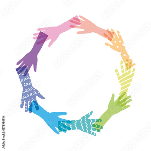 手　カラフル　円　丸　フレーム　チームワーク　多様性
