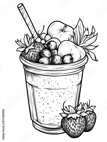 Black and white sketch of a fruit smoothie with various fruits.