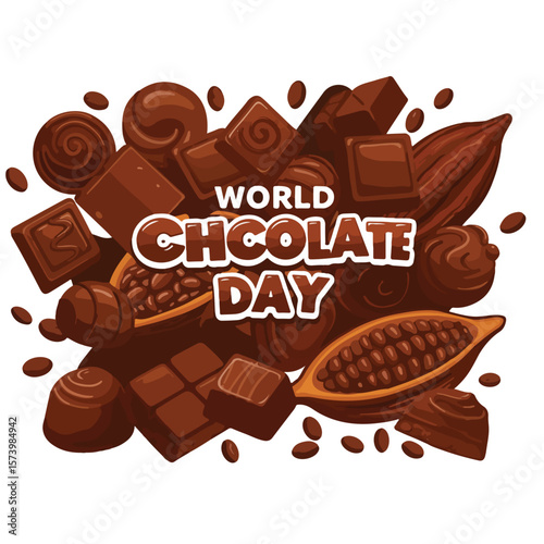 world chocolate day, cocoa, food, sweet, brown, dessert, background, design, day, delicious, happy, chocolate, world, poster, banner, greeting, candy, illustration, dark, card, july, text, holiday