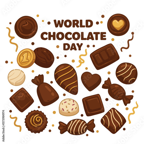 world chocolate day, cocoa, food, sweet, brown, dessert, background, design, day, delicious, happy, chocolate, world, poster, banner, greeting, candy, illustration, dark, card, july, text, holiday